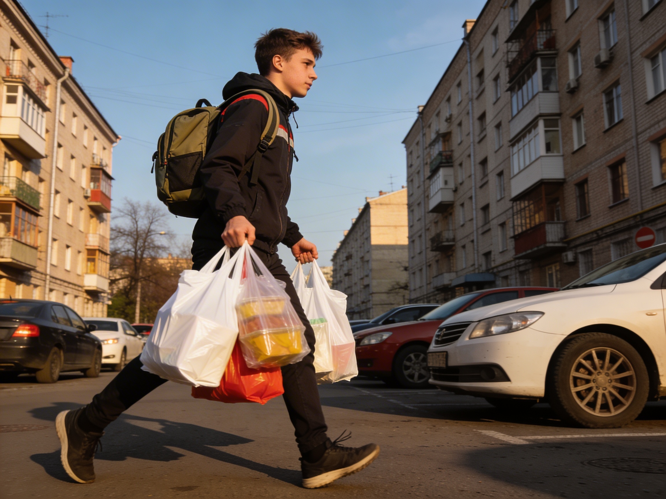 Пеший курьер с рюкзаком и целлофановыми пакетами