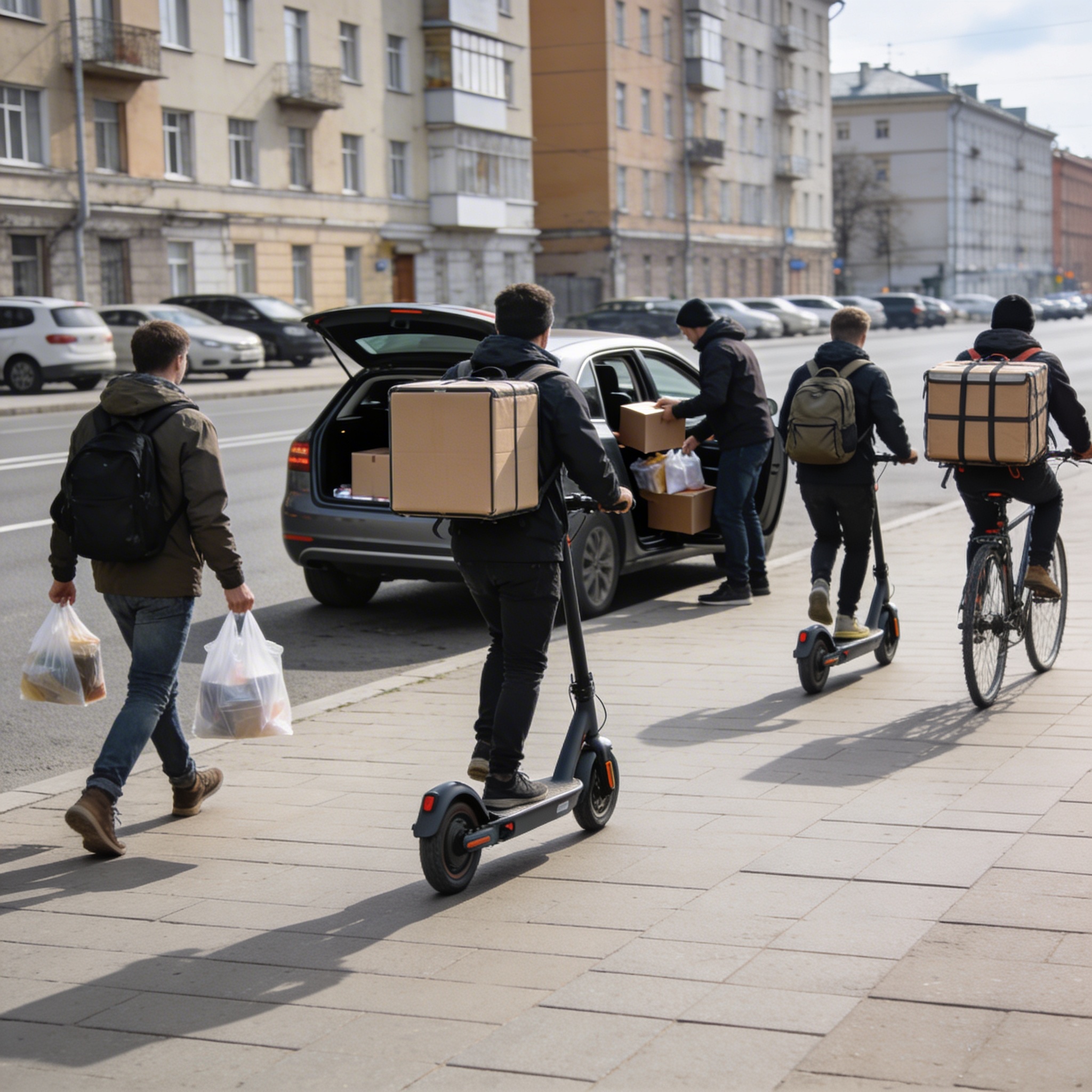 Курьер на легковом автомобиле выгружает заказы