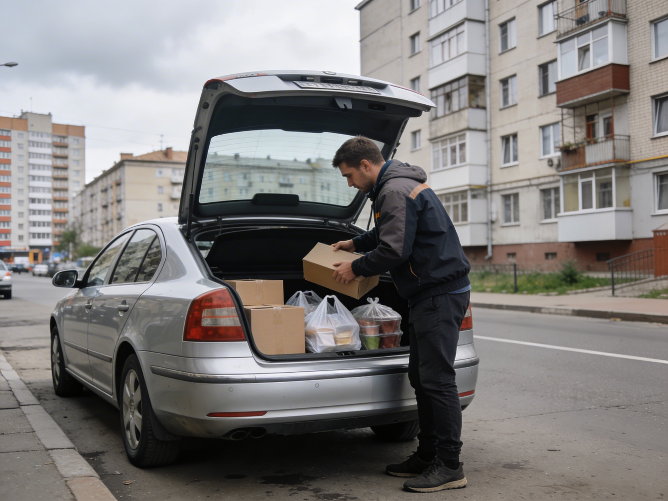 Курьер в машине проверяет следующий адрес доставки